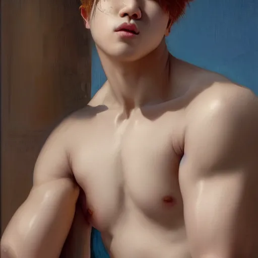 Prompt: wide angle full body portrait of Park Jimin as Antinous, dramatic photography, dramatic facial expression, tears, hand on his cheek, soft skin, soft blush, intricate, ethereal, highly detailed, high resolution, 8K resolution, sharp focus, Unreal engine 5, smooth, art by J. C. Leyendecker