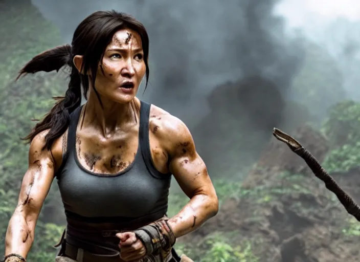 Image similar to film still of jackie chan as lara croft in new tomb raider movie, 8 k