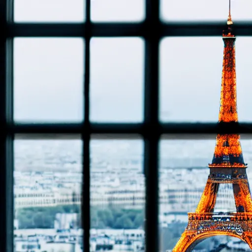 Image similar to perfume bottle on window sill in warm cosy feminine room room with a view of paris eiffel tower, up close shot, sharp focus, zen, clean, modern minimalist, octane highly render, 4 k, ultra hd,