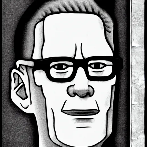Prompt: Hank Hill, by Escher, portrait black and white, background DMT colors, drawing