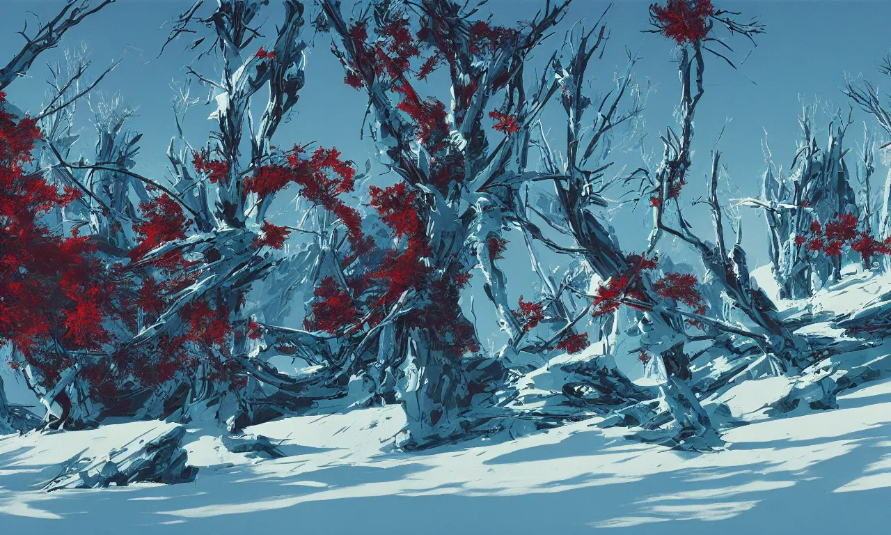 Image similar to frozen wasteland on an alien planet with distant green and red trees by Syd Mead, Federico Pelat