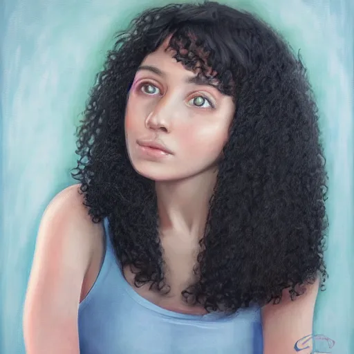 Image similar to portrait of a young lady with curly black hair round face, big brown eyes, picture, hyperrealistic, focused, detailed, computer painting