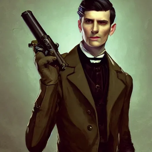 Image similar to a victorian doctor with a gun, young man, clean shaven, pale skin, vampire, dark brown duster, short brown hair, brooding, character art, full body art, Dungeons and Dragons, D&D, trending on artstation, artgerm, 4k ultra hd, sharp focus, digital art by Ilya Kuvshinov and Ross Tran,