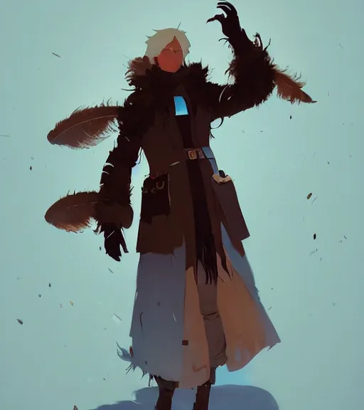 Image similar to portrait of mage with coat made of feathers, dnd character, by atey ghailan, by greg rutkowski, by greg tocchini, by james gilleard, by joe fenton, by kaethe butcher, dynamic lighting, gradient light blue, brown, blonde cream and white color scheme, grunge aesthetic