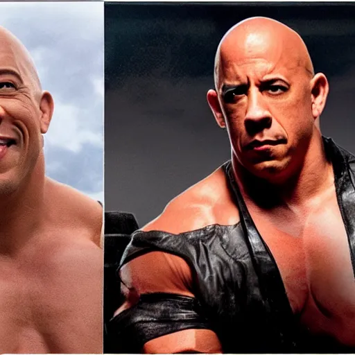 Prompt: wrestlemania starring vin diesel as dwayne the rock johnson