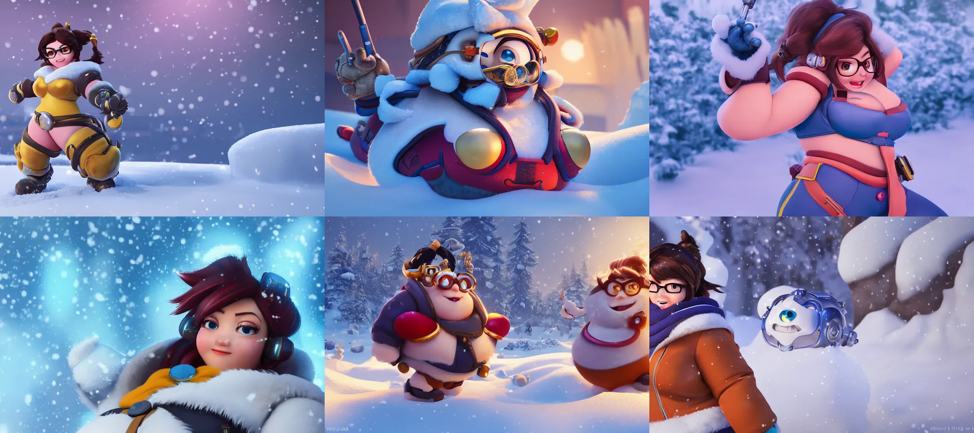 Prompt: hyperdetailed mei from overwatch as a disney pixar character, hd texture, beautiful 3D render, 8k, octane render, soft lighting, in the snow, sharp focus, chubby, golden hour
