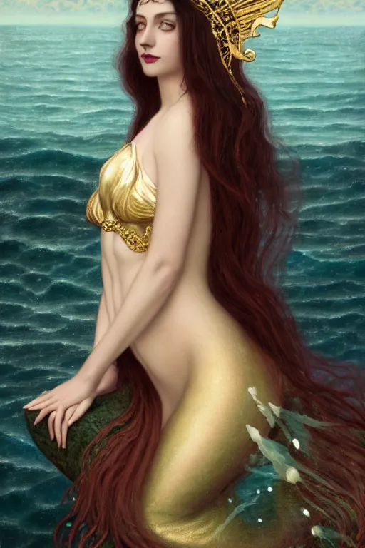 Image similar to a beautiful dark androgynous mermaid, pinup pose, long hair, tall and thin, wearing dozens of pendants and a gown of gold, small delicate crown of the sea on her head, illustration, dramatic lighting, soft details, painting oil on canvas, art nouveau, octane render, HDR, 4k, 8k, HD, by Edmund Blair Leighton, Brom, Charlie Bowater, j.c. Leyendecker, faces by otto schmidt