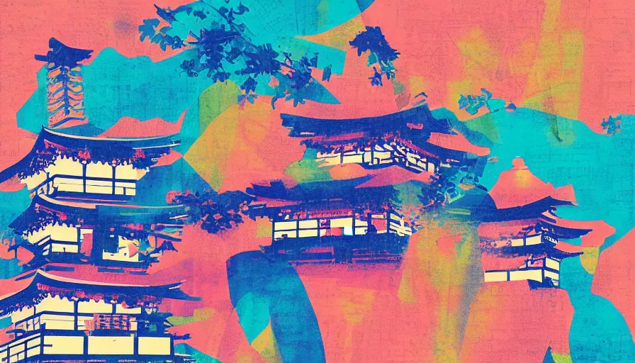 Prompt: Japan travel and adventure, minimalist negative space mixed media collage painting by Jules Julien, Leslie David and Lisa Frank, muted colors with minimalism, neon color details