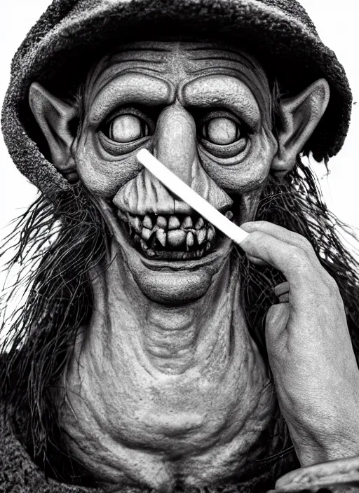 Image similar to closeup portrait of a medieval goblin smoking a cigarette, depth of field, zeiss lens, detailed, symmetrical, centered, fashion photoshoot, by Annie Leibovitz and Steve McCurry, David Lazar, Jimmy Nelsson, Breathtaking, 8k resolution, extremely detailed, beautiful, establishing shot, artistic, hyperrealistic, beautiful face, octane render