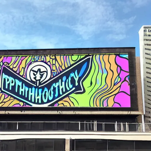 Image similar to psychedelic mushroom dispensary logo in a high billboard