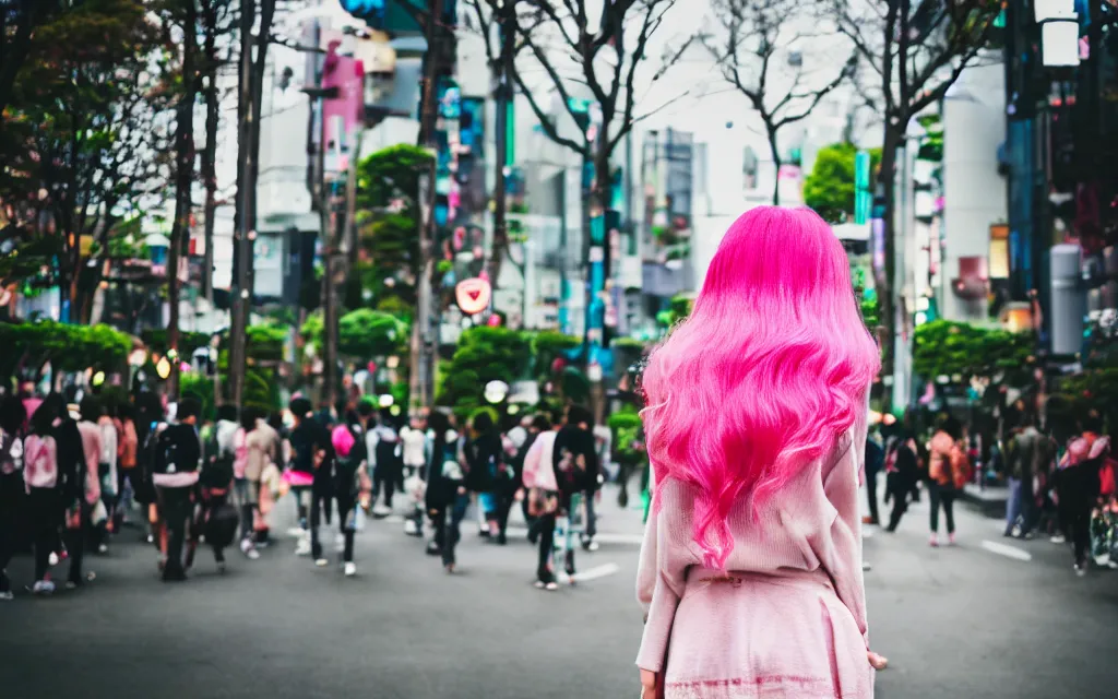 Prompt: a full body portrait of a harajuku girl with pink hair , in the background is Shinjuku Tokyo, daytime Ghibli studio, Bokeh, depth of field ,