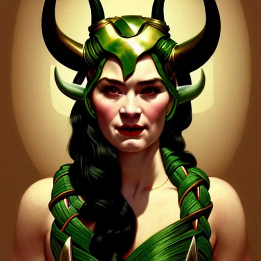 Image similar to head and shoulders portrait of a female Loki with horned helmet, illustration, medium shot, intricate, elegant, highly detailed, digital art, ffffound, art by gil elvgren and sachin teng