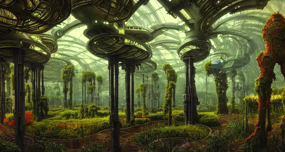 Prompt: lush garden dramatic perspective organic 3 d fractal a minimalist cinematic scifi with giant bright translucent bioluminescent microscopy, gigantic pillars, victorian shopping mall courtyard maschinen krieger, beeple, the matrix, star wars, ilm, star citizen, mass effect, oil painting by donato giancola, chris foss, warm coloured, artstation, atmospheric perspective