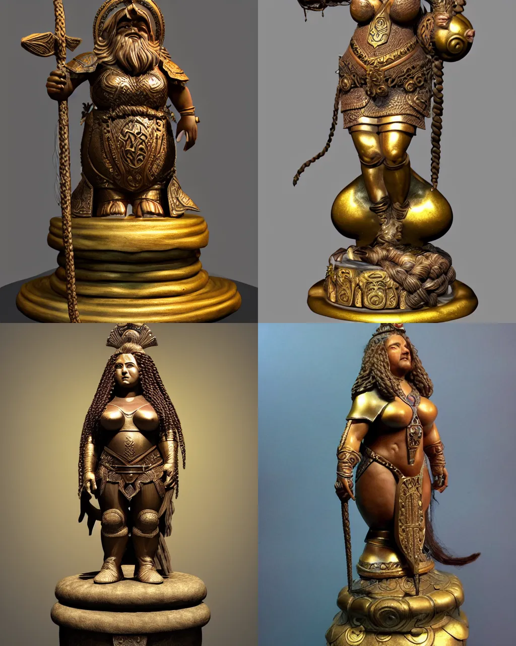 Prompt: masterwork smooth bronze statue depicting a beautiful ancient dwarven queen wearing breastplate with long braided hair, on a golden pedestal in the middle of a worked stone room, highly detailed, intricate, realistic, soft lighting, sunshafts, artstation, dungeons and dragons, chubby female dwarf, sharp focus