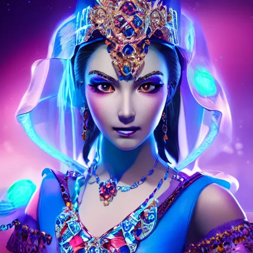 Image similar to photo of wonderful princess of sapphire with fair skin, she has her eyes closed, glowing, ornate and intricate blue jewelry, jaw dropping beauty, eyepopping colors, dynamic lighting, glowing background lighting, blue accent lighting, photorealistic, hyper detailed, award winning photography, 4 k octane render