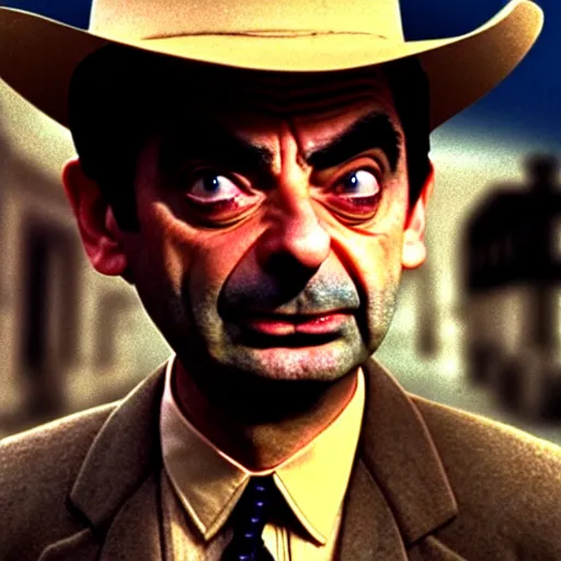 Prompt: mr. bean as the towns drunk from any western movie. movie still. cinematic lighting.