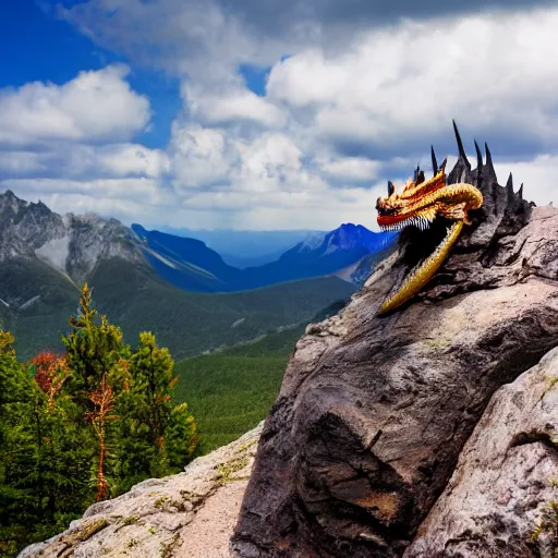 Prompt: A dragon sitting on a mountain, 4K photograph, natural lighting