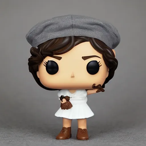 Prompt: Elmiira; funko pop of girl with short brown hairm, wearing a beret; white shirt; funko pop