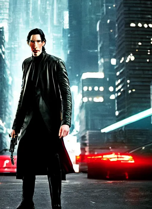 Prompt: adam driver as neo, matrix, city, lightning in the background