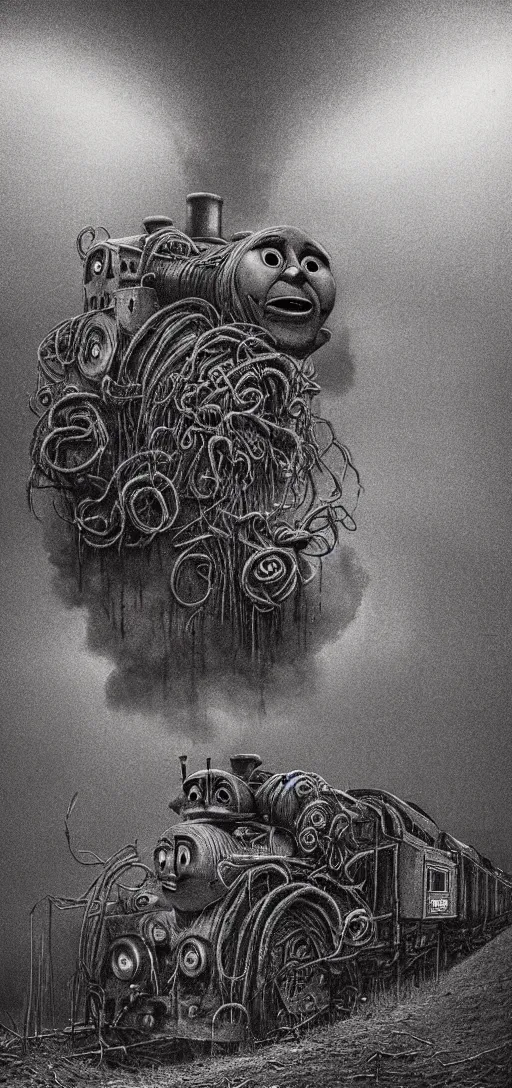 Image similar to thomas the tank engine in style of zdzisław beksinski, extremely dramatic lighting, 8 k, tendrils, black, darkness, black slime tendrils, infected, rust, body horror, thomas the train, thomas the tank engine face, horror,