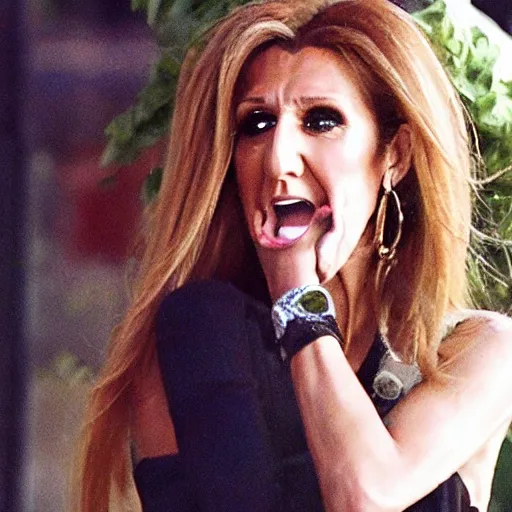 Image similar to celine dion crying, outside in dumpster lot