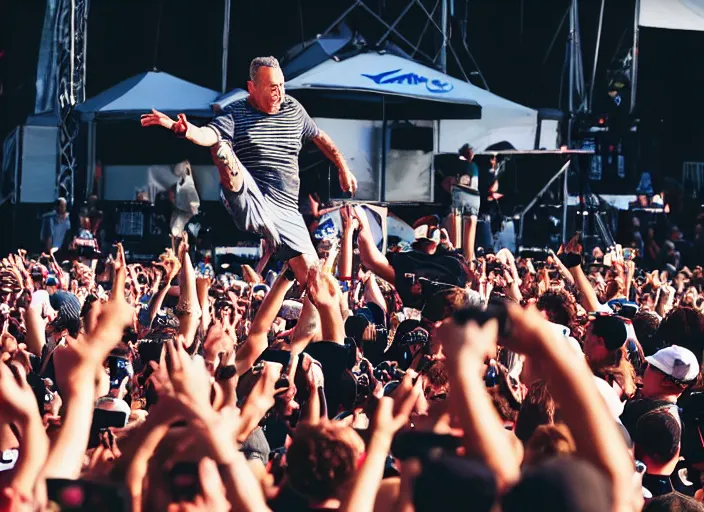 Image similar to photo still of tom hanks at vans warped tour!!!!!!!! at age 4 5 years old 4 5 years of age!!!!!!! stage diving into a crowd, 8 k, 8 5 mm f 1. 8, studio lighting, rim light, right side key light