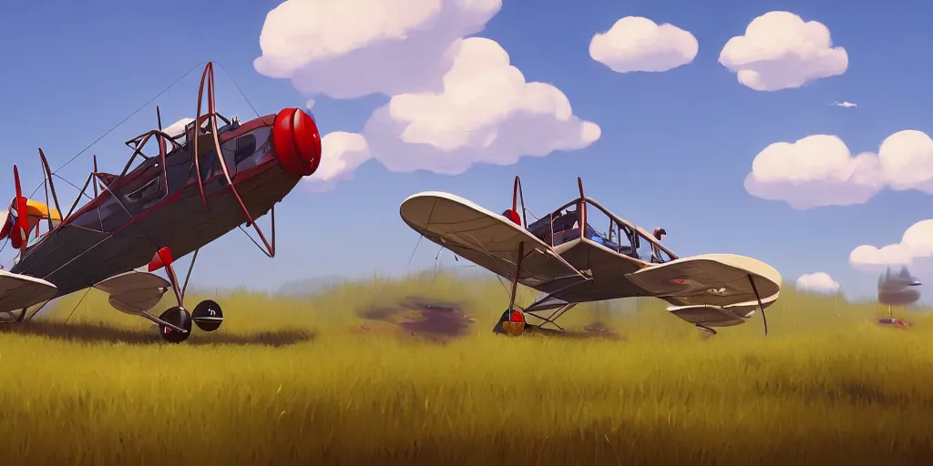 Prompt: an biplanes with puffy clouds by Goro Fujita and Simon Stalenhag , 8k, trending on artstation, hyper detailed, cinematic