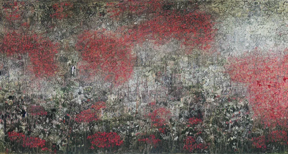 Image similar to A painting of an English Garden in summer, dawn, by Chiharu Shiota