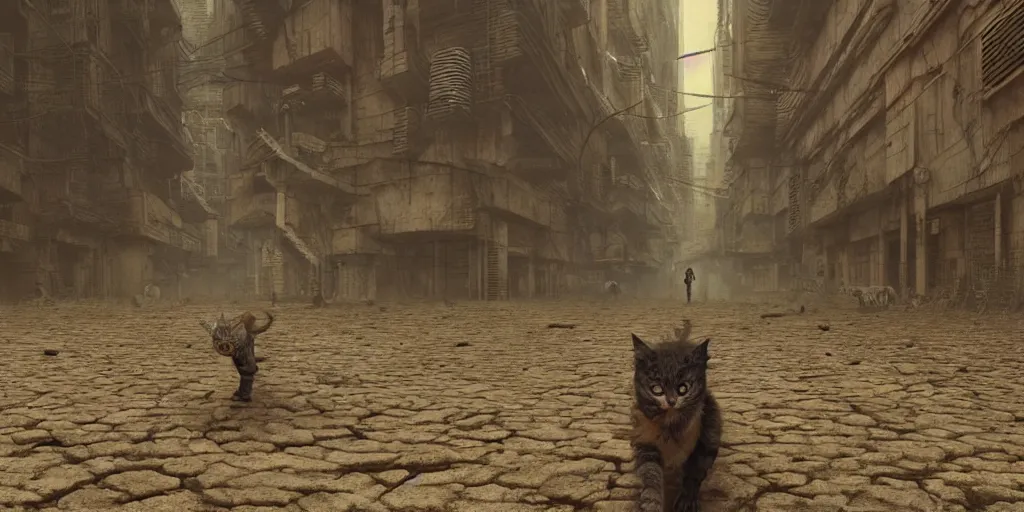 Image similar to cyberpunk demon kitten walking in a dystopian wasteland, Beksinski, MC Escher, very coherent symmetrical artwork. cinematic, hyper realism, high detail, octane render, 8k