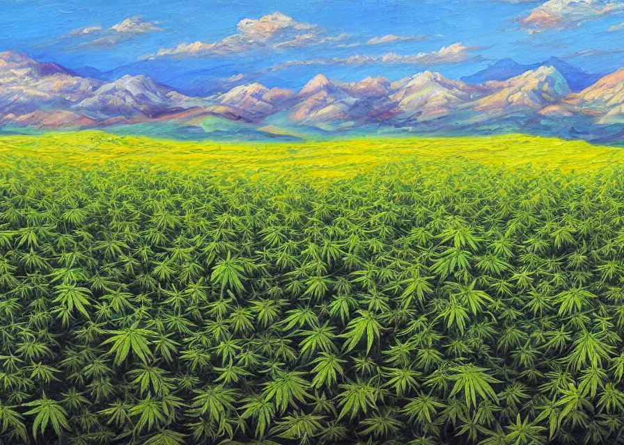 Image similar to cannabis fields on a beautiful alien landscape, colorful oil painting, highly detailed