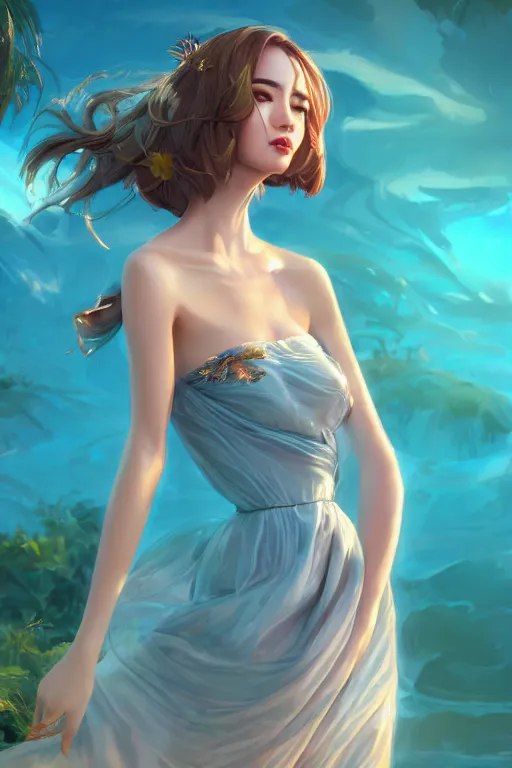 Image similar to a beautiful fashion goddness of love, chic strapless dress, tropical sea background, character design, in the style of artgerm, and wlop, cinematic lighting, hyperdetailed, 8 k realistic, symmetrical, global illumination, radiant light, frostbite 3 engine, cryengine, dof, trending on artstation, digital art