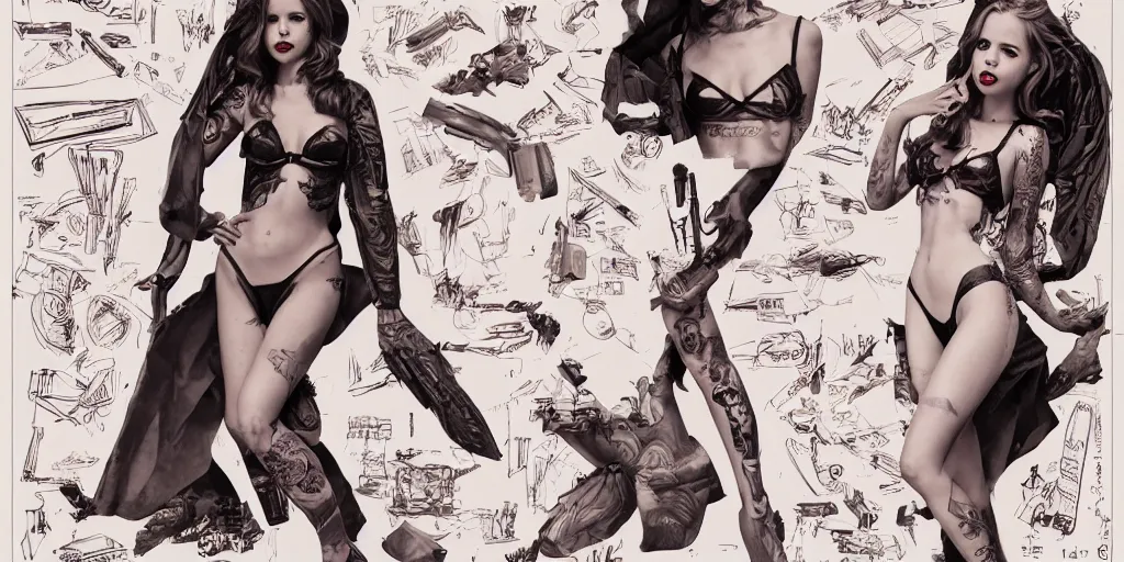 Image similar to halston sage as a tattooed pinup, character sheet, concept design, contrast, hot toys, kim jung gi, greg rutkowski, zabrocki, karlkka, jayison devadas, trending on artstation, 8 k, ultra wide angle, pincushion lens effect