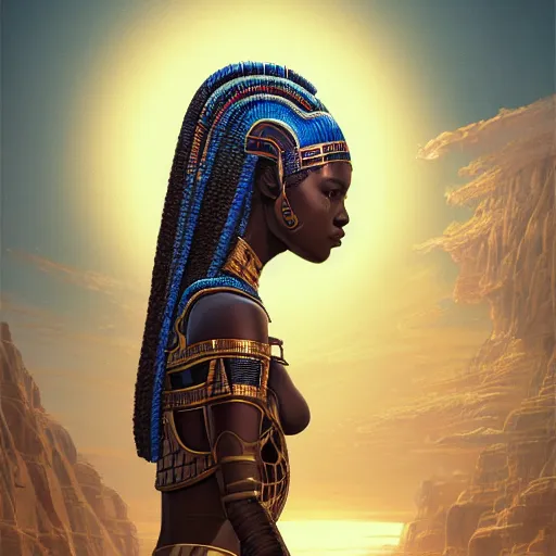 Image similar to highly detailed portrait of an african egyptian goddess, intricate alien technology, stephen bliss, unreal engine, fantasy art by greg rutkowski, loish, rhads, ferdinand knab, makoto shinkai and lois van baarle, ilya kuvshinov, rossdraws, tom bagshaw, global illumination, radiant light, detailed and intricate environment