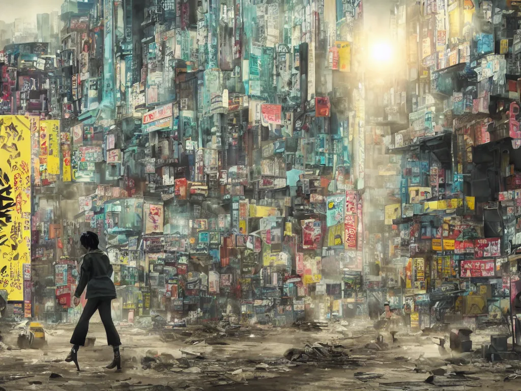 Image similar to incredible wide screenshot, ultrawide, simple watercolor, rough paper texture, ghost in the shell movie scene, backlit distant shot of girl in a parka running from a giant robot invasion side view, yellow parasol in deserted dusty shinjuku junk town, broken vending machines, bold graphic graffiti, old pawn shop, bright sun bleached ground, mud, fog, dust, windy, scary robot monster lurks in the background, ghost mask, teeth, animatronic, black smoke, pale beige sky, junk tv, texture, brown mud, dust, tangled overhead wires, telephone pole, dusty, dry, pencil marks, genius party,shinjuku, koji morimoto, katsuya terada, masamune shirow, tatsuyuki tanaka hd, 4k, remaster, dynamic camera angle, deep 3 point perspective, fish eye, dynamic scene