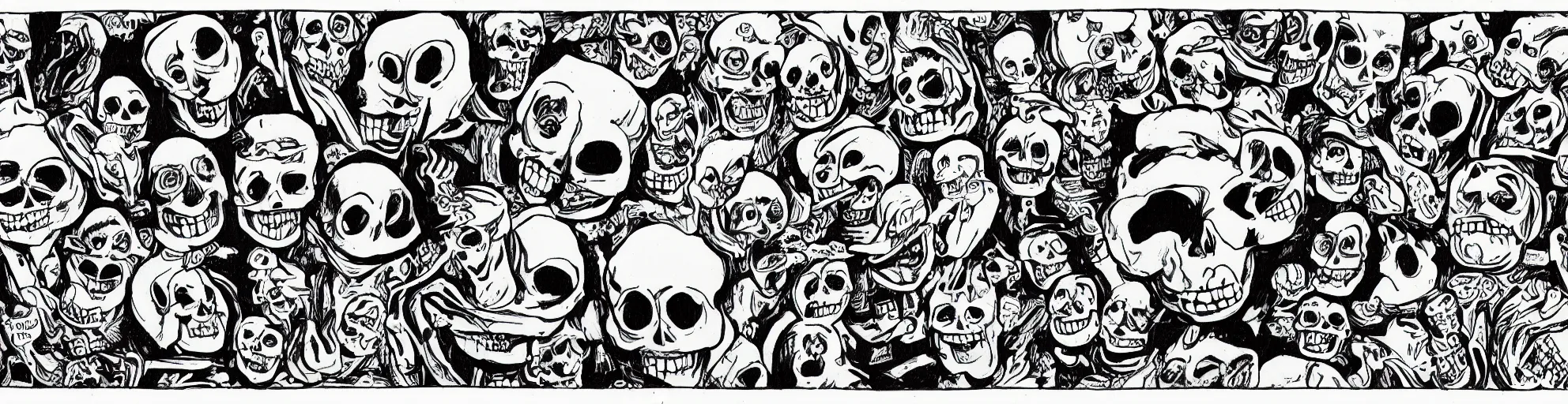 Image similar to film strip of a zany cartoon starring a skull, thick line work