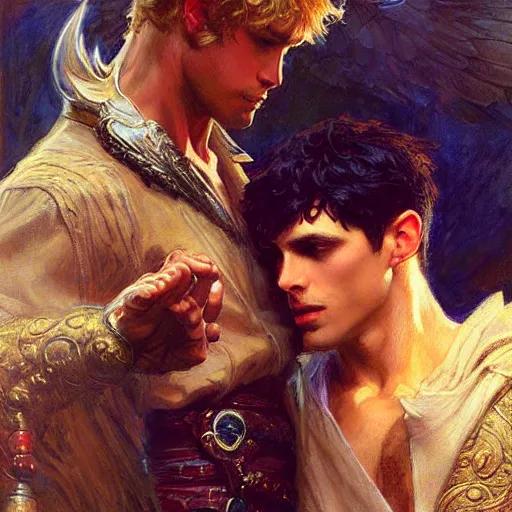 Image similar to attractive arthur pendragon with attractive male merlin the mage. they are in love. highly detailed painting by gaston bussiere, craig mullins, j. c. leyendecker