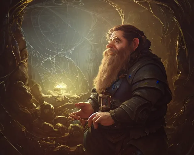 Image similar to a 4 k cinematic screenshot still portrait of a dwarf in a dark liminal space room surrounded by spider webs, deep focus, d & d, fantasy, intricate, elegant, highly detailed, digital painting, art station, concept art, matte, sharp focus, illustration, dark fantasy style art, hearthstone, art by artgerm and greg rutkowski and alphonse mucha