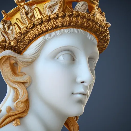 Prompt: side portrait of a beautiful women in the form of a greek sculpture in marble, with a gold crown, baroque elements, museum. colorful details. flash. intricate artwork by miguel angel. octane render. cinematic. 4 k. bokeh.