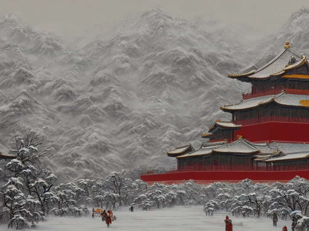 Image similar to forbidden city on snow mountain, highly detailed, cinematic landscape ， on a snowy day, oil painting style, by xu beihong