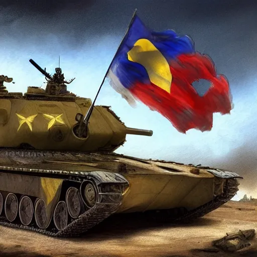 Image similar to a full body shot from distance of a great soldier with a yellow and blue flag standing in front of a Russian tank in triumph after battle, western, masculine figure, D&D, fantasy, intricate, elegant, highly detailed, digital painting, artstation, concept art, matte, sharp focus, symmetrical, illustration, art by Artgerm and Greg Rutkowski and Alphonse Mucha