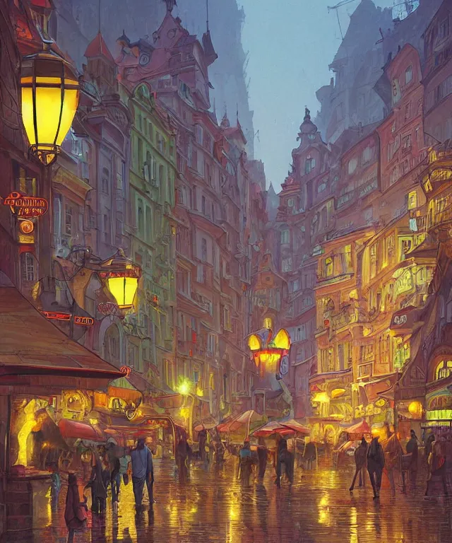 Prompt: insane perspective of colorful street vue from prague, realistic shaded , humid ground, highly detailed, artstation, painting by François Schuiten and moebius, disney fantasy style, people and creatures walking, big red robot waiting, volumetric light, neon lights, science fiction elements, lampposts, rainy mood