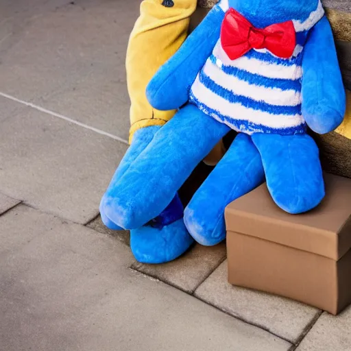 Image similar to blue'snappy gifts'human - sized plush doll, on sidewalk, holding gift, happy atmosphere, high detail, soft lighting, 8 k