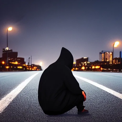 Prompt: anthropomorphic great white shark wearing a black hoodie and pants at night sitting alone underneath a single street light with a city of lights in the background, photorealistic, 8 k