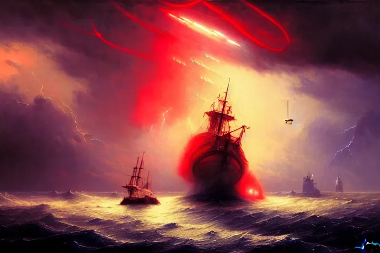 Image similar to A beautiful matte painting of huge alien spaceship attacking with powerful red lasers a Sailship in ocean in thunderstorm by Greg Rutkowski and Ivan aivazovsky