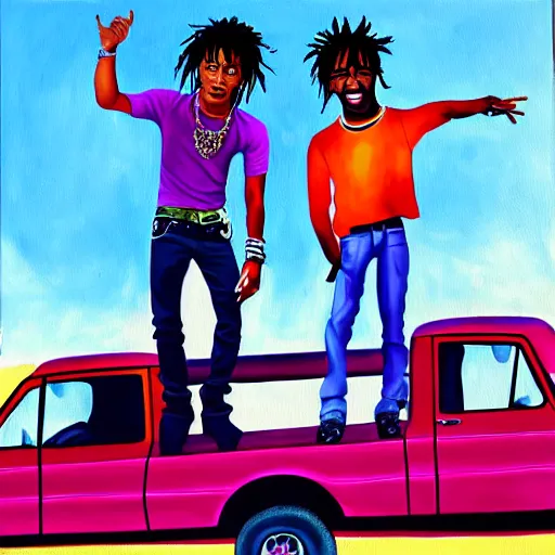 Prompt: a painting of playboi carti and lil uzi vert standing on a truck by damon albarn, cel shaded, dynamic perspective, detailed facial features, rounded eyes, low light