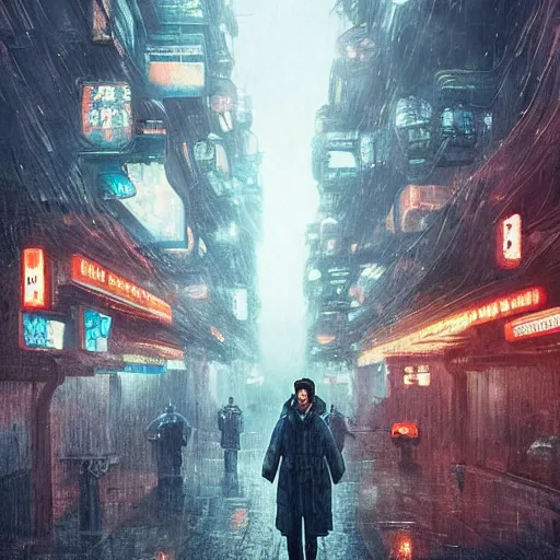 Prompt: a thousand sentient creatures covered in mountains and clouds. style of blade runner 2 0 4 9. i can understand why. a full length portrait of a spotless mind controlled, cyberpunk chinese street, by grosnez zak and