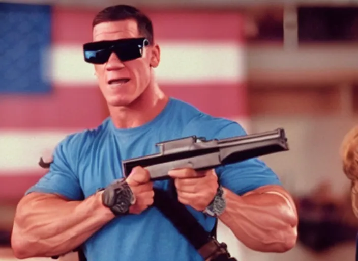 Prompt: film still of John Cena as Nada wearing sunglasses and holding a shotgun with a bandolier in Bank with american flag behind him on screen right in They Live 1988