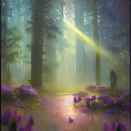 Prompt: mystical realistic poster with shaded lighting by craig mallismo, artgerm, jeremy lipkin and michael garmash, radiant light, detailed and complex environment solace, peaceful mist, beautiful, utopic spiritual city with temples, old growth pine trees, overlaid sacred geometry, with implied lines, gradient of purple and blue