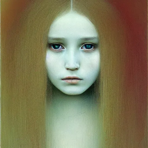 Prompt: portrait painting of teenage female queen by Beksinski, she is pale with long golden hairs. She is in golden vrown