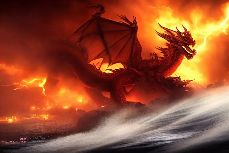 Prompt: fire dragon with lightnings and smoke is fighting against giant water monster with huge waves, dramatic fire lighting, CGsociety, full length, exquisite detail, post-processing, masterpiece, volumetric lighting, cinematic, hypermaximalistic, high details, cinematic, 8k resolution, beautiful detailed, insanely intricate details, sharp edges, smooth focus, low angle, tilted